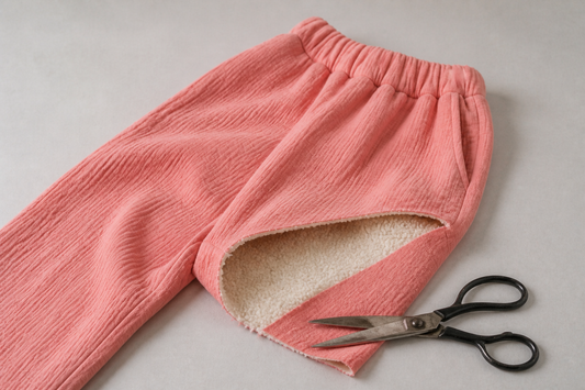 Cutaway of Petal pink Comfort Pants showing cream sherpa lining beside fabric scissors