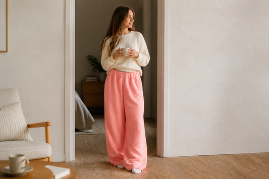 Woman wearing Petal pink Comfort Pants at home