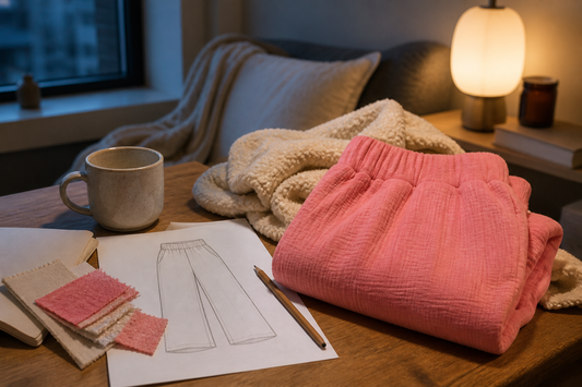 Petal pink Comfort Pants with blanket, sketches and fabric swatches on a worktable