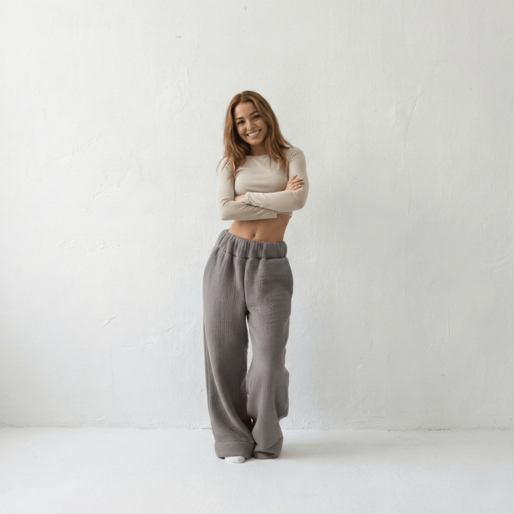 Heather Gray Comfort Pants - sherpa-style lined lounge pants, back view