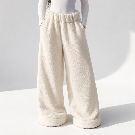 Cream Comfort Pants - sherpa-style lined lounge pants, front view