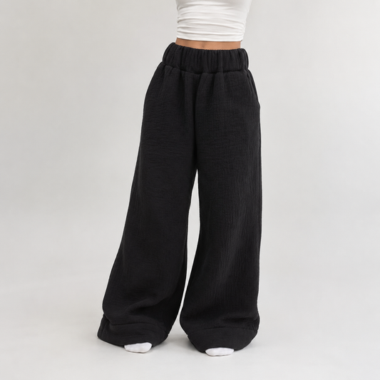 Midnight Black Comfort Pants - sherpa-style lined lounge pants, front view