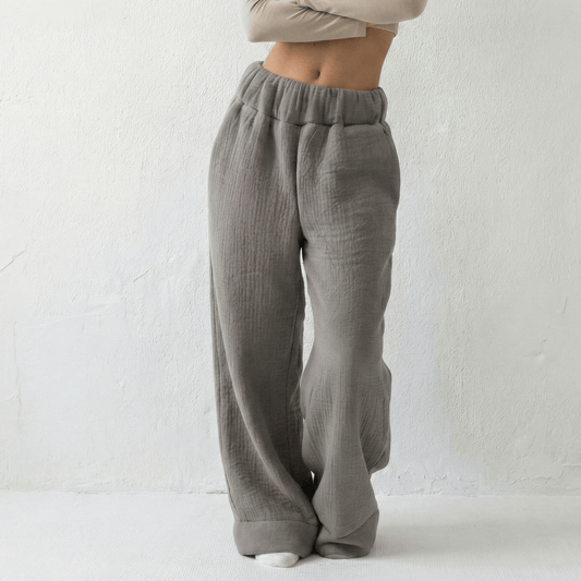 Heather Gray Comfort Pants - sherpa-style lined lounge pants, front view